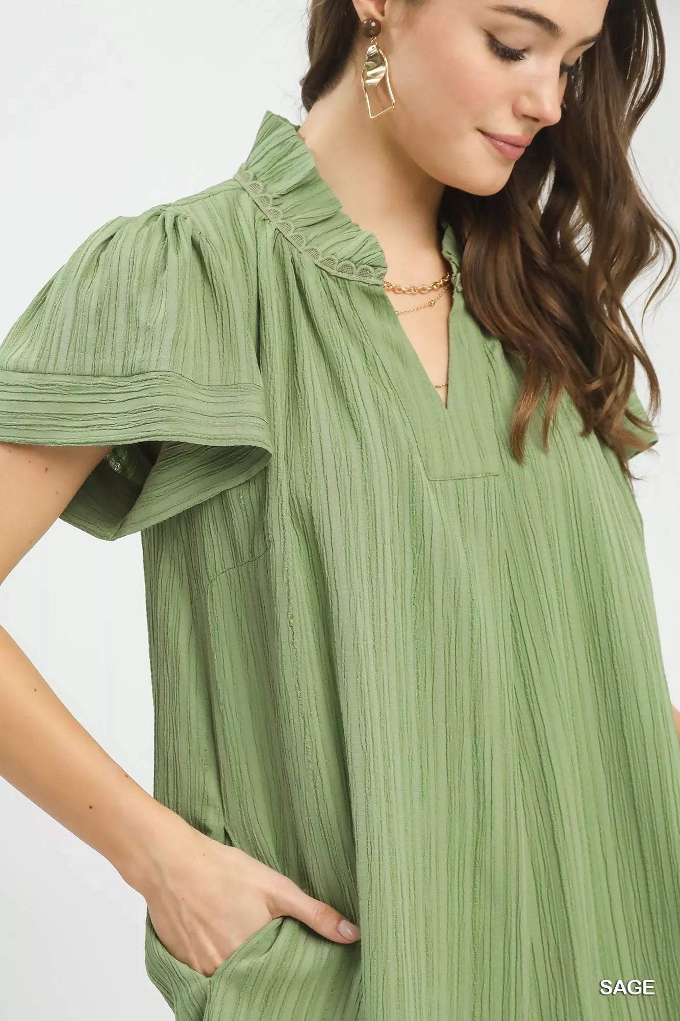 Umgee Flutter Sleeve V-Neck Shift Dress 