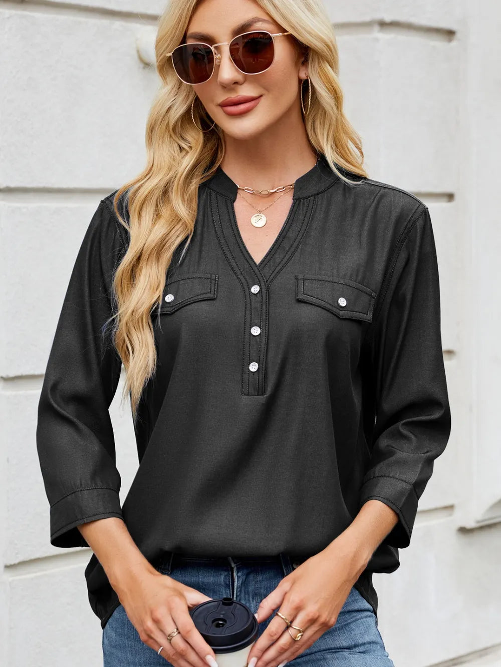 Notched Three-Quarter Sleeve Denim Top 