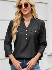 Notched Three-Quarter Sleeve Denim Top 