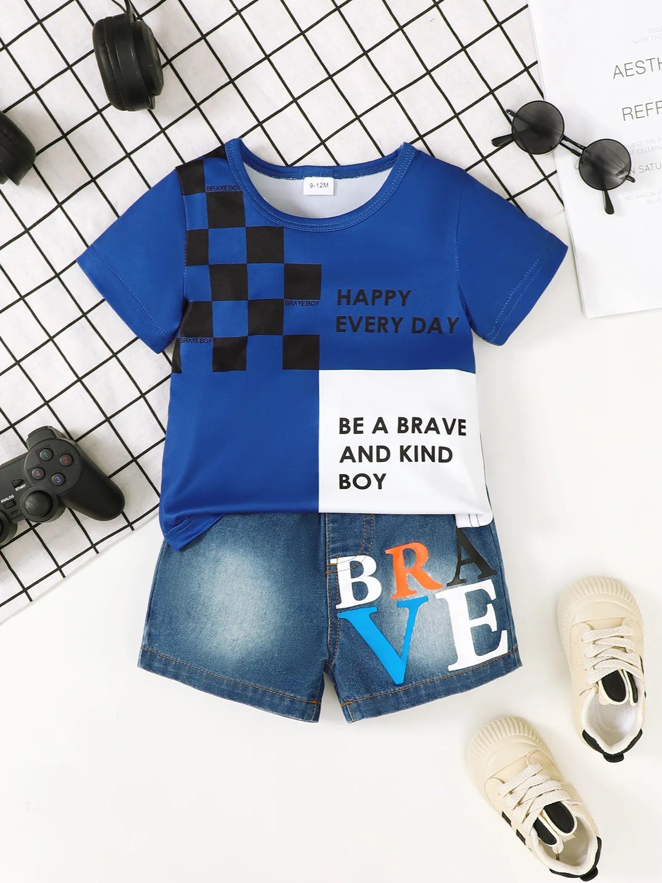 Children's Letter Round Neck Top and Denim Shorts Set 