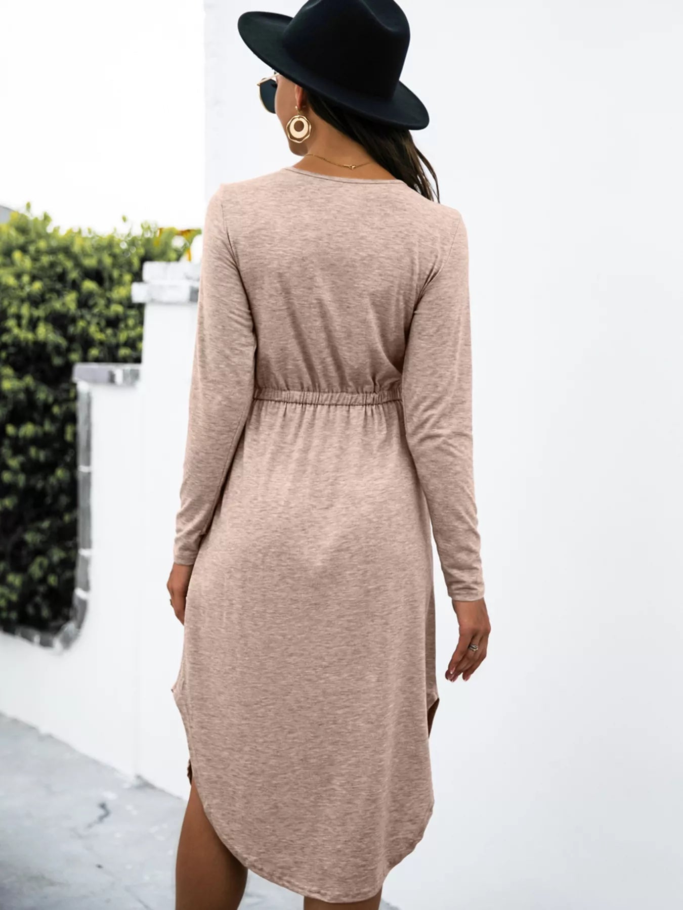 Drawstring Waist Long Sleeve Casual Dress 