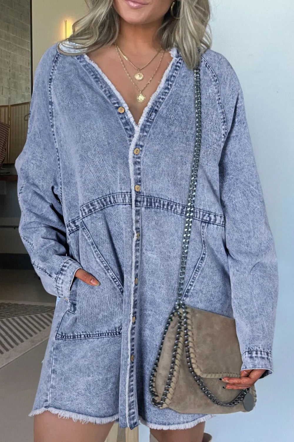 Raw Hem Button Down Long Sleeve Denim Dress 