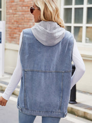 Drawstring Hooded Sleeveless Denim Jacket 