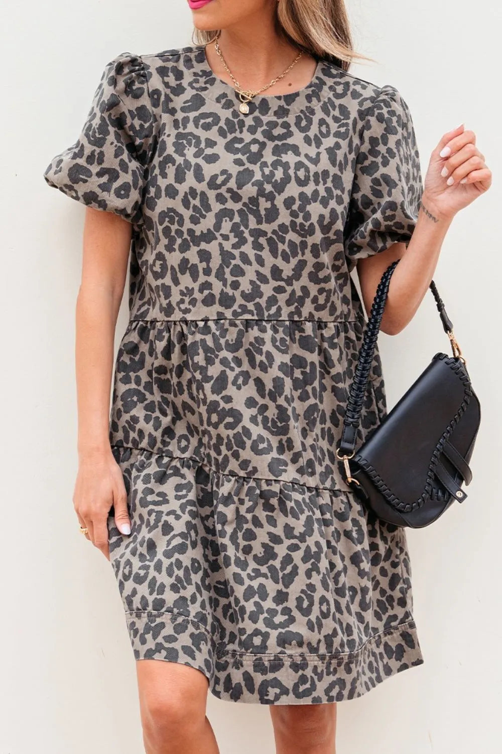 Leopard Round Neck Puff Sleeve Denim Dress 