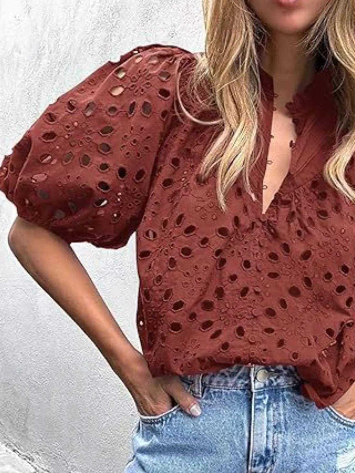 Eyelet Embroidered Puff Sleeve Blouse 