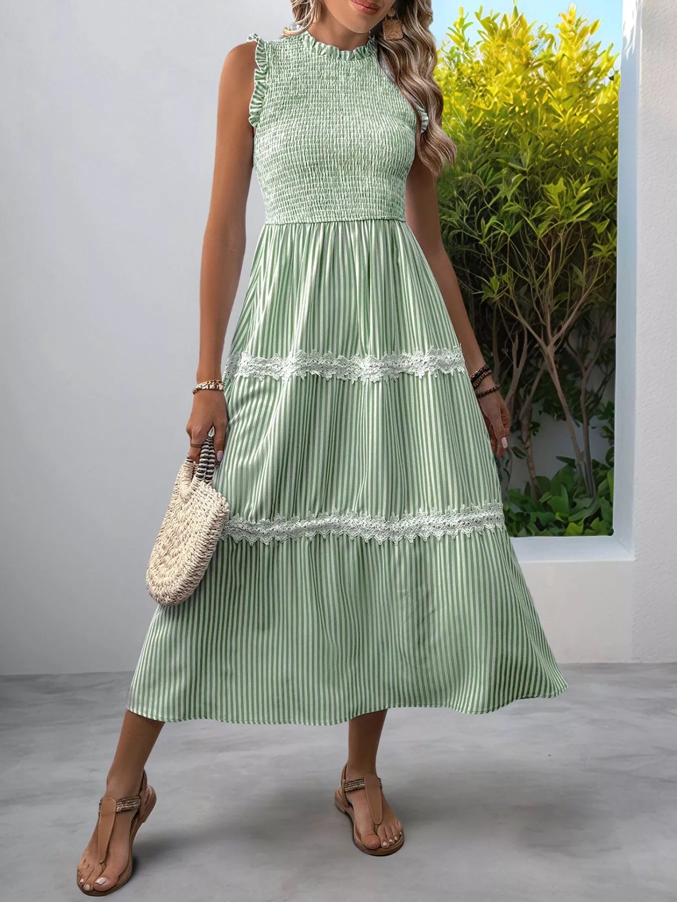 Smocked Striped Lace Trim Sleeveless Midi Dress 