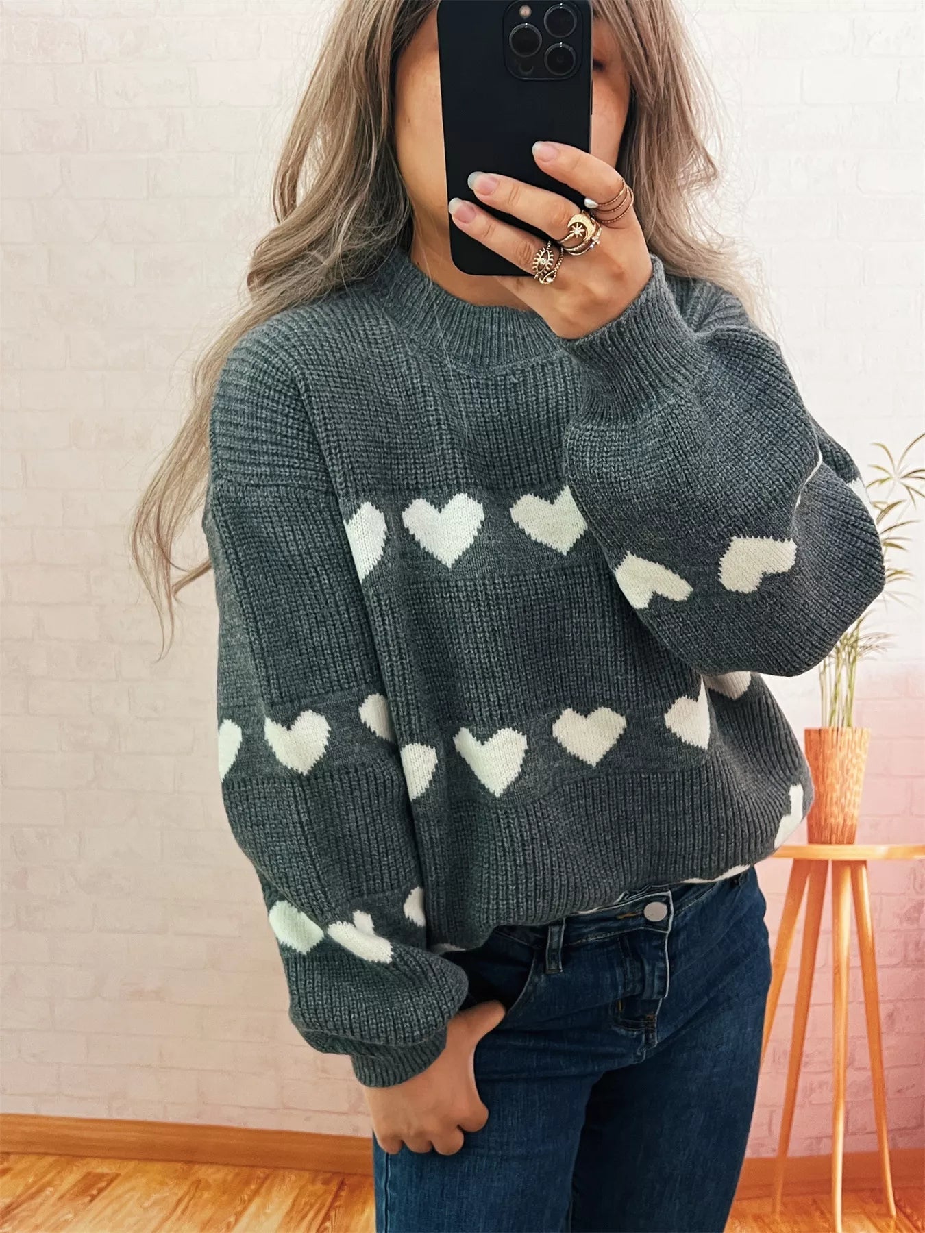 Heart Pattern Dropped Shoulder Sweater 