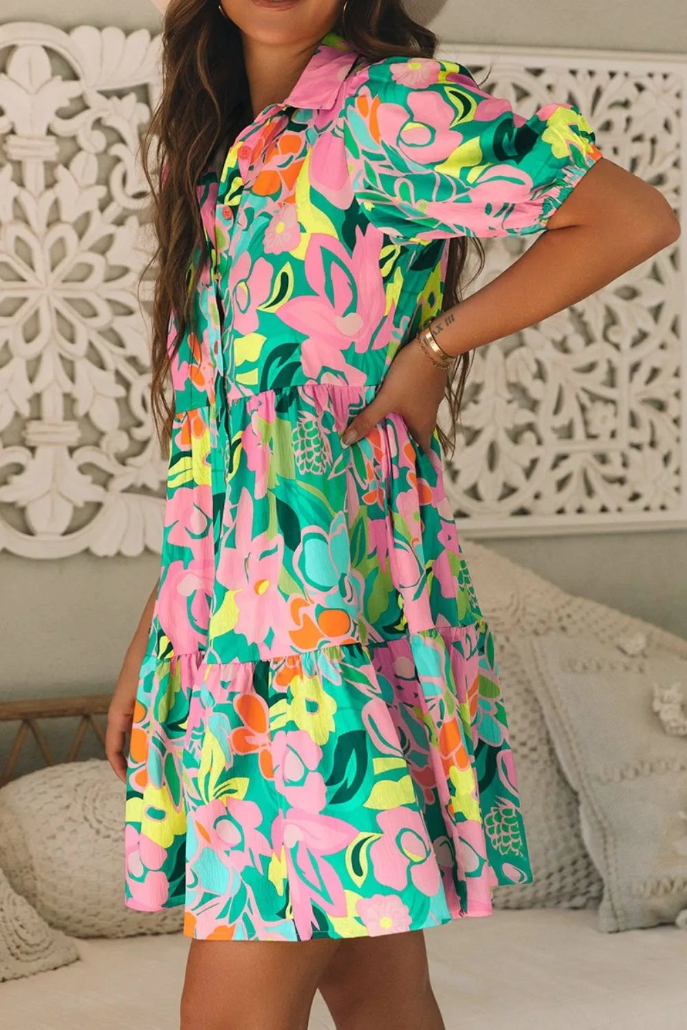 Button Down Floral Puff Sleeve Babydoll Dress 