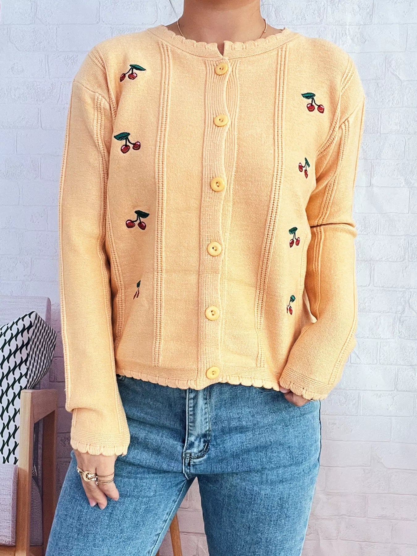 Cherry Embroidered Button Up Cardigan 