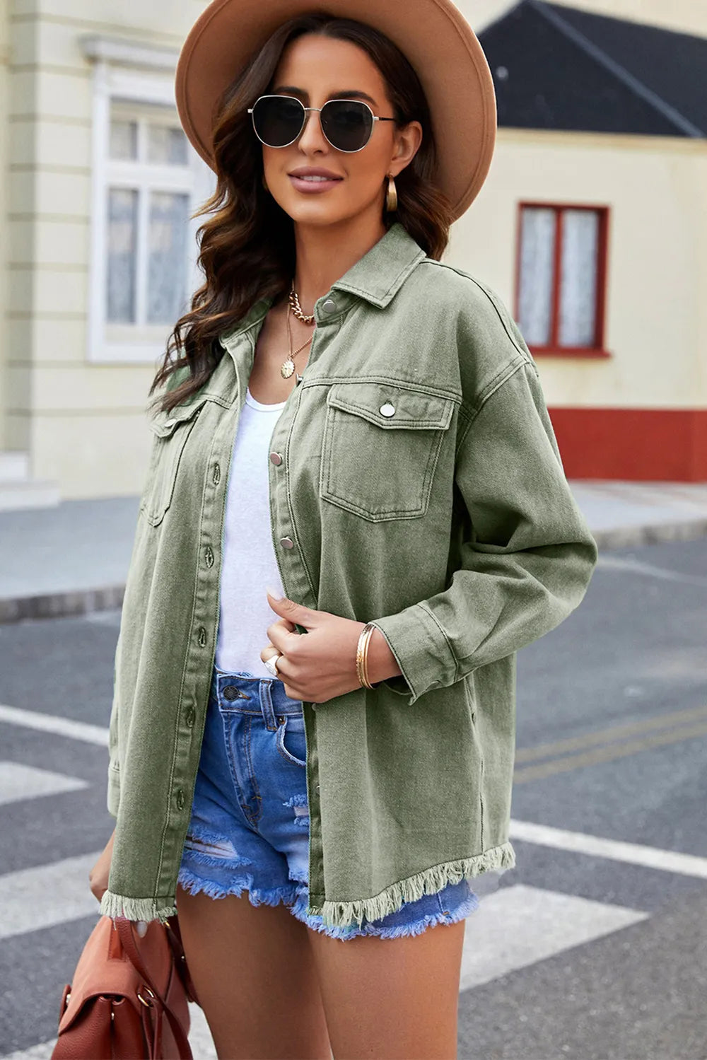Button Up Pocketed Raw Hem Denim Jacket 