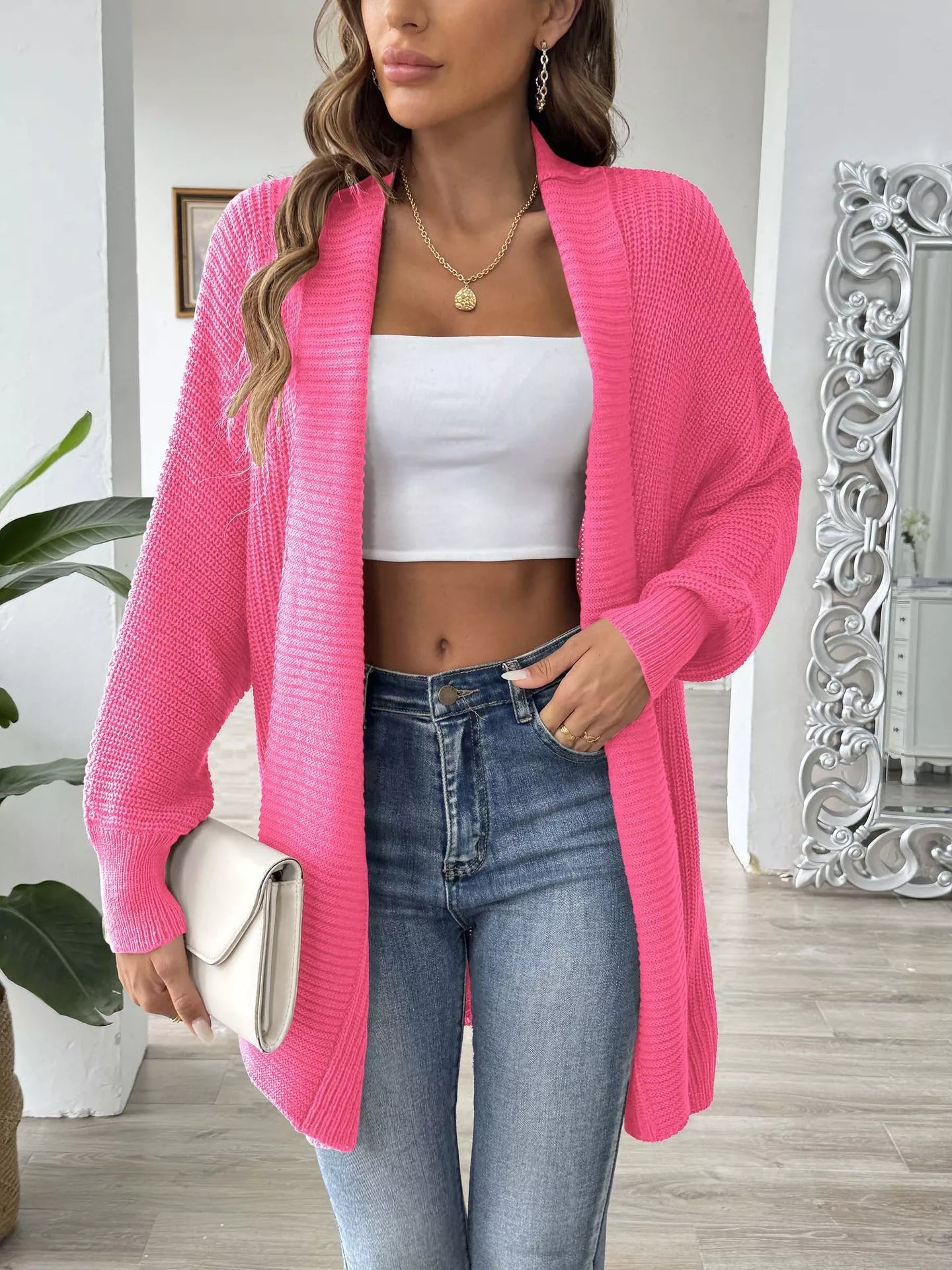 Open Front Ribbed Knit Cardigan 