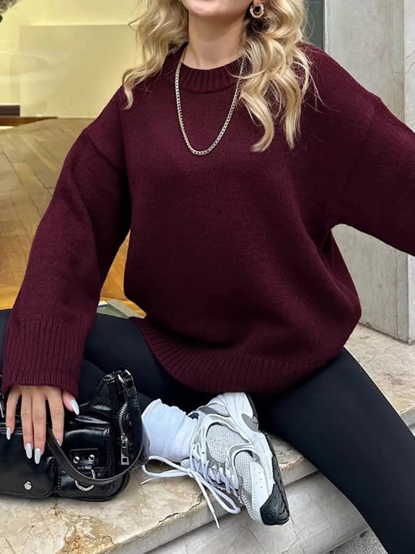 Ribbed Round Neck Dropped Shoulder Sweater 