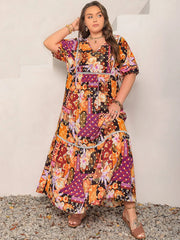 Plus Size Printed V-Neck Half Sleeve Maxi Dress 