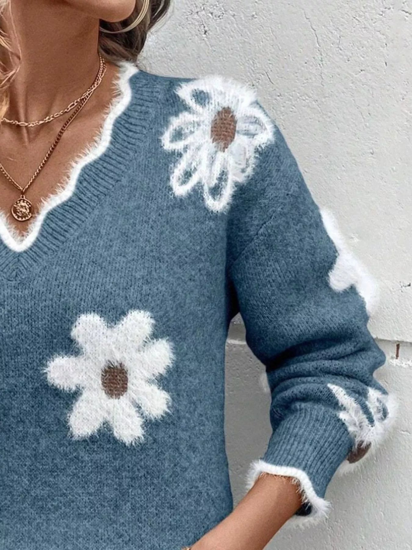 Floral V-Neck Long Sleeve Sweater 