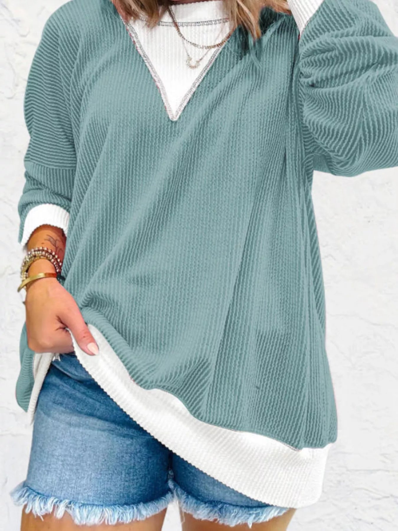 Two-Tone Ribbed Knit Sweatshirt 