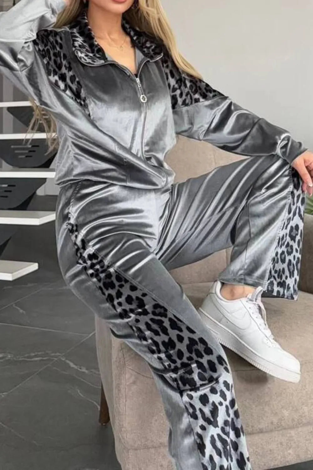 Full Size Collared Neck Leopard Zip Up Top and Pants Set Plus Size 