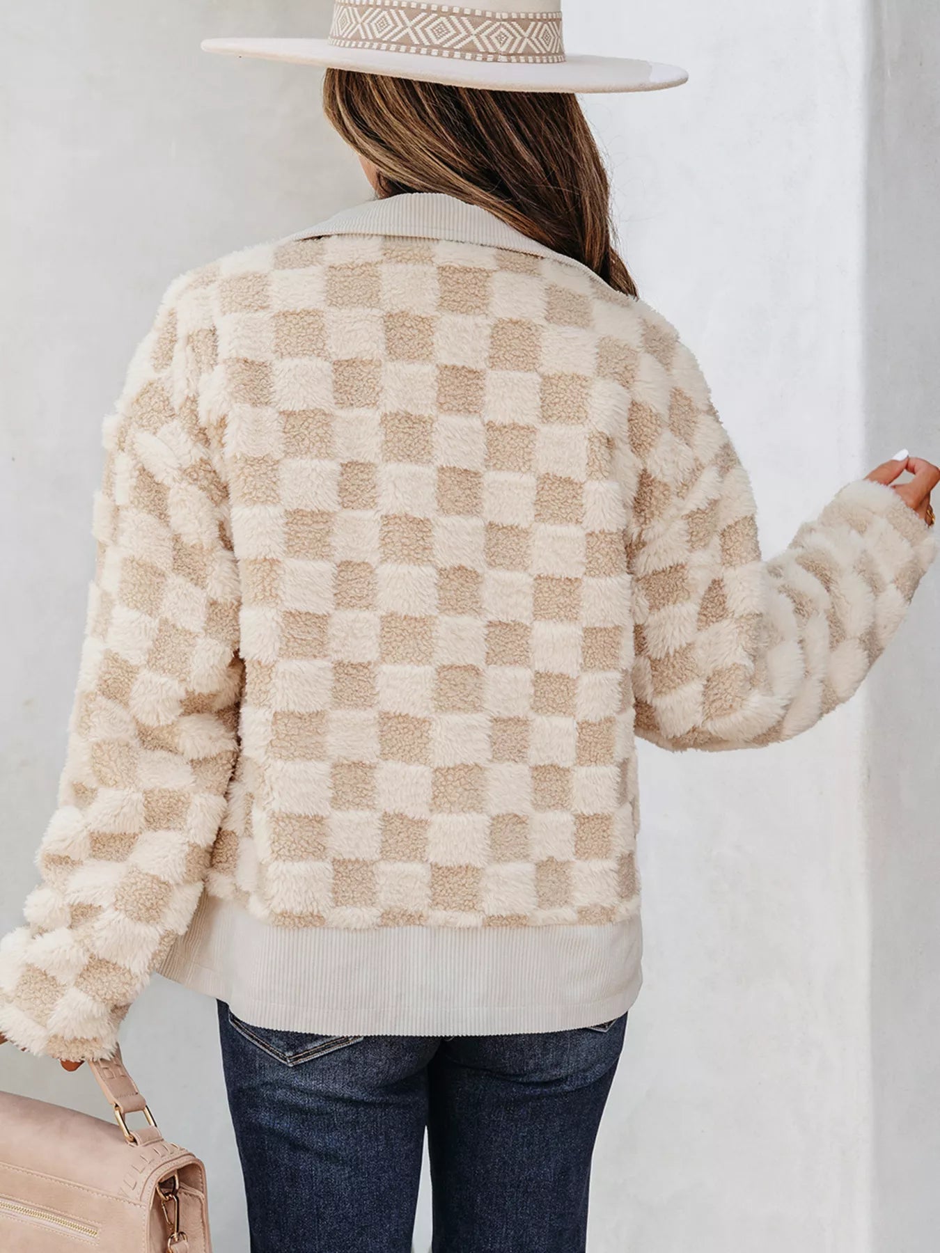 Checker Sherpa Corduroy Patchwork Zip Up Jacket 