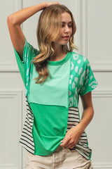 BiBi Leopard and Stripe Color Block Top With Exposed Seam 