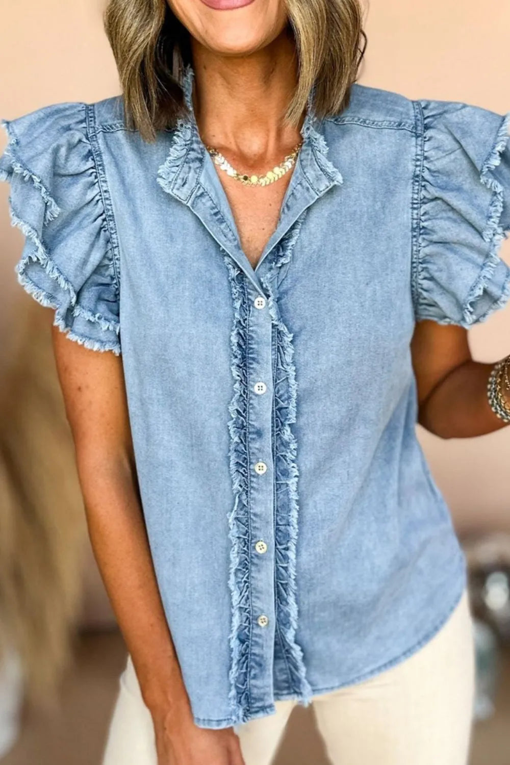 Button Down Raw Hem Ruffled Denim Shirt 