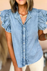 Button Down Raw Hem Ruffled Denim Shirt 
