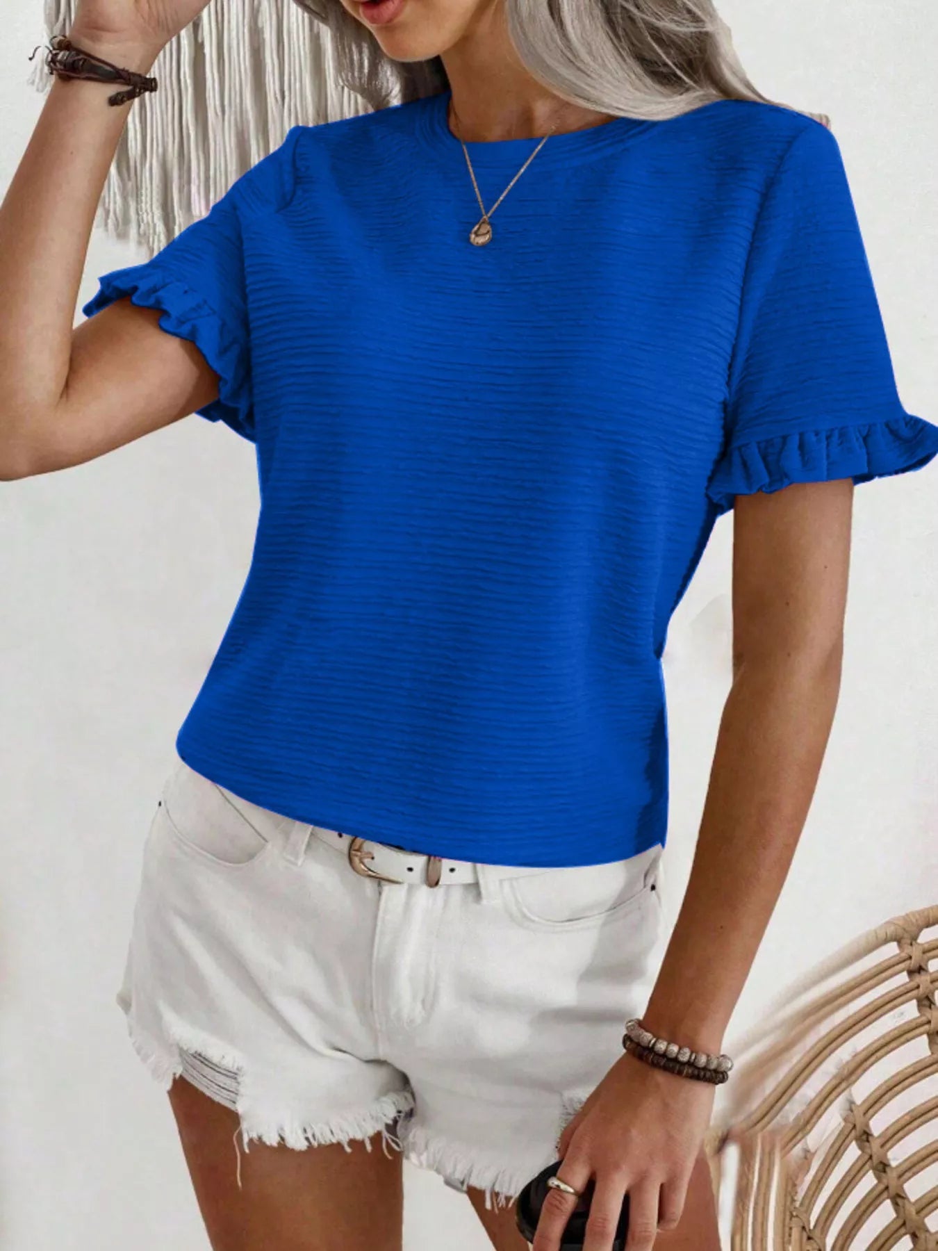 Textured Ruffle Sleeve Round Neck T-Shirt 