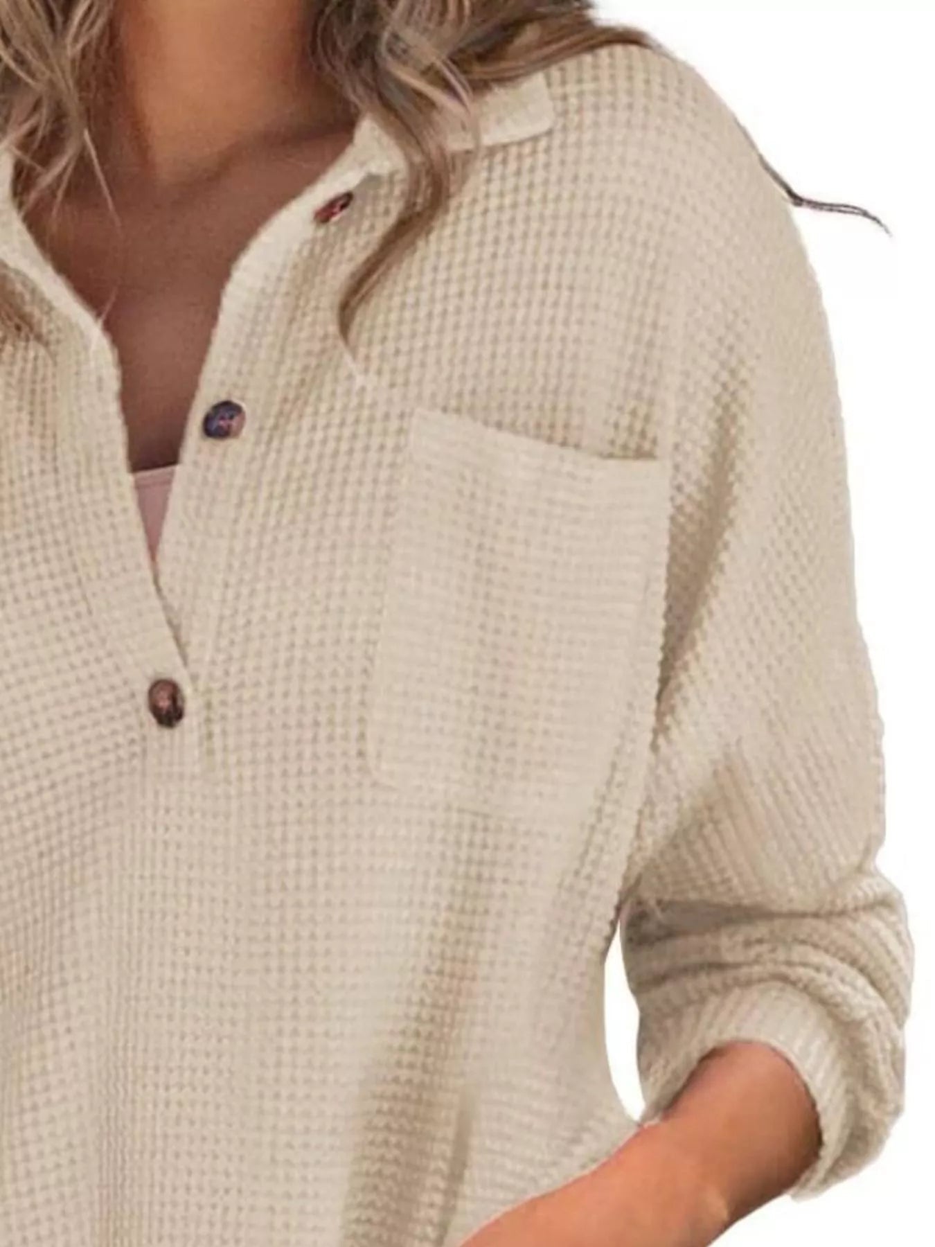 Casual Waffle Knit Button Detail Blouse 