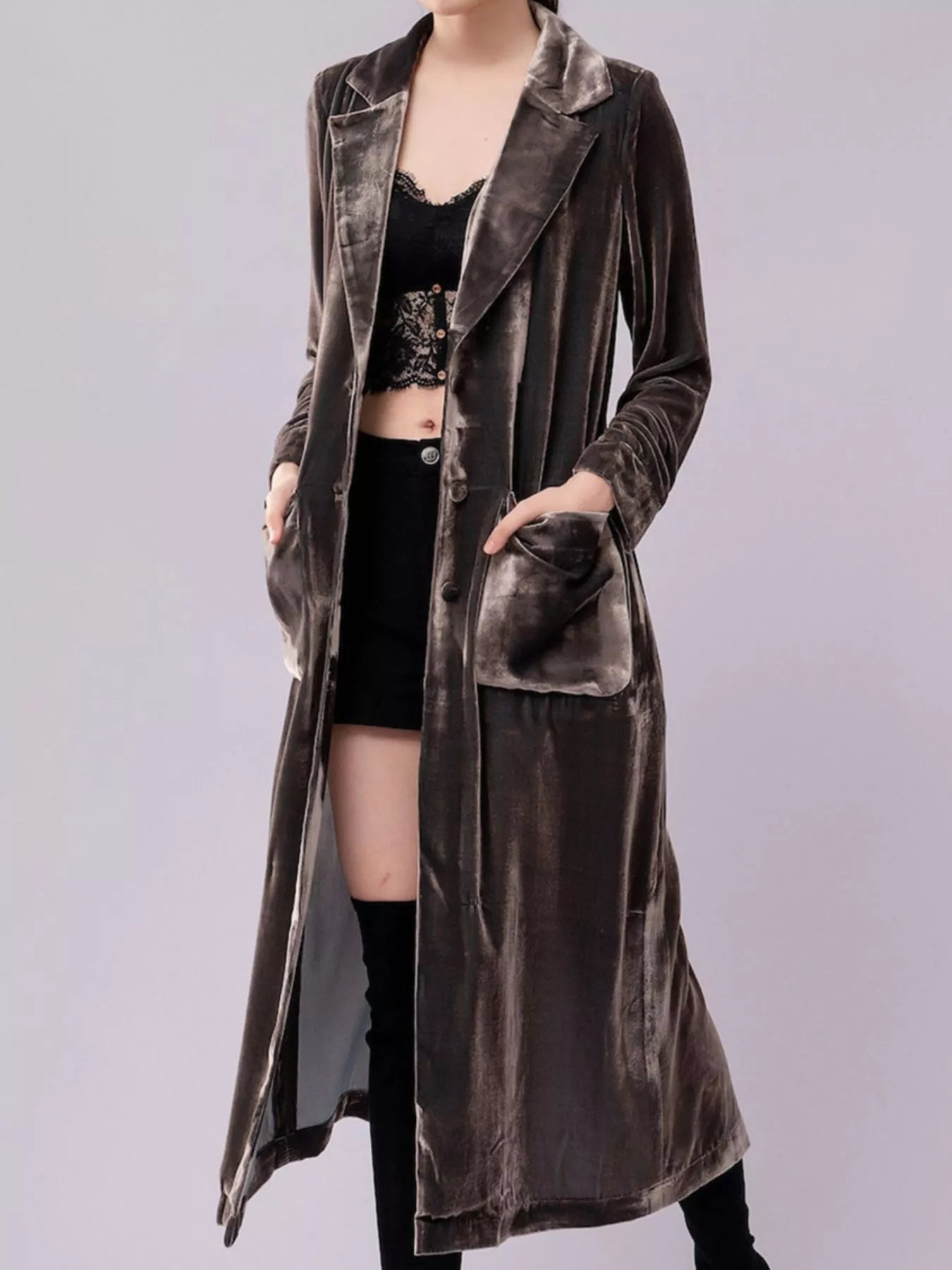 Velvet Lapel Collar Longline Coat 