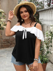 Plus Size Ruffled Contrast Short Sleeve Blouse 