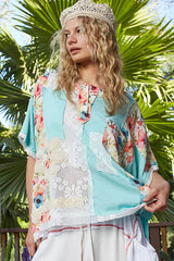 POL Lace Round Neck Short Sleeve Floral Pattern Top with Patch Detail 
