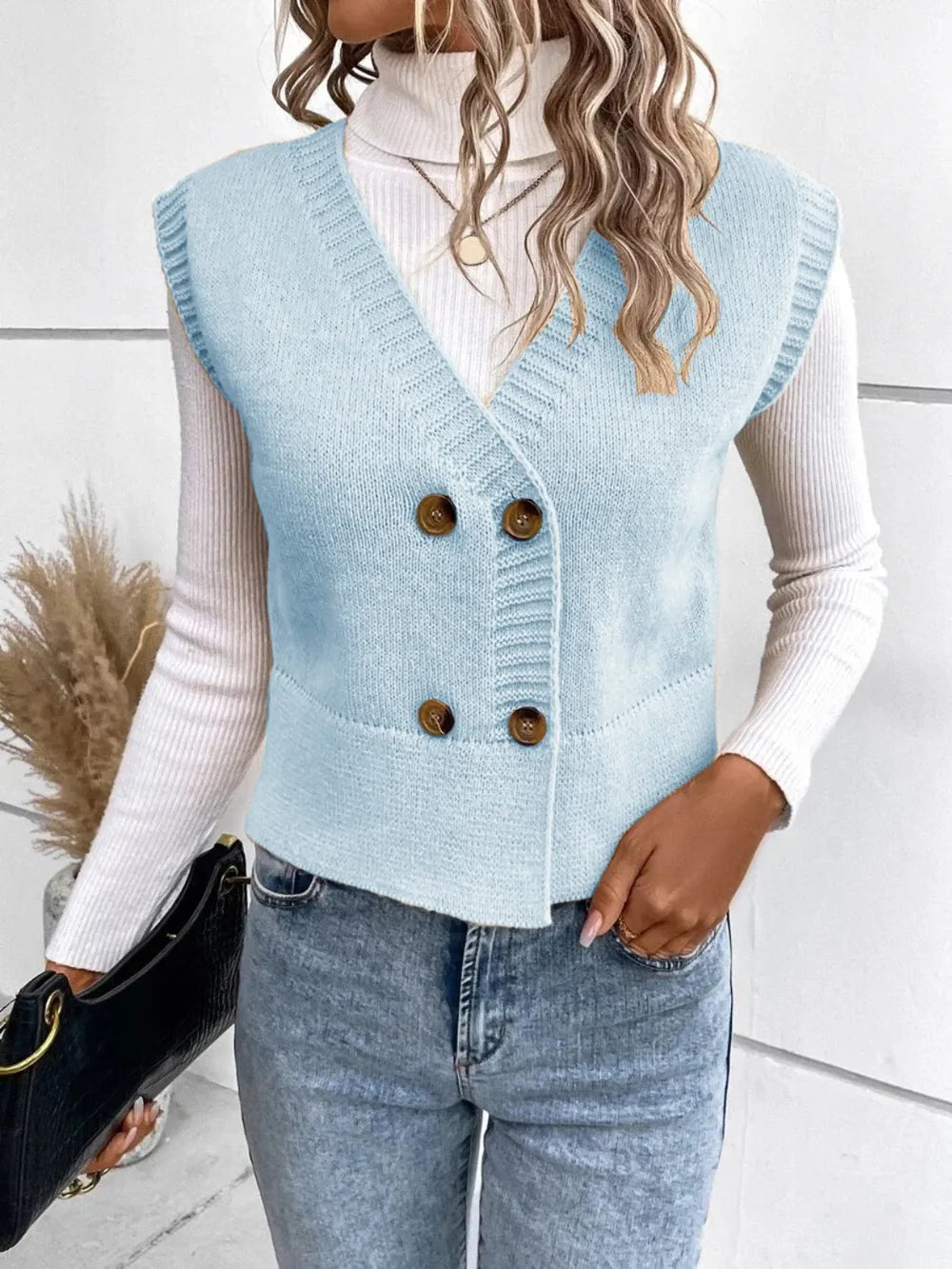Full Size Button Up V-Neck Sweater Vest 