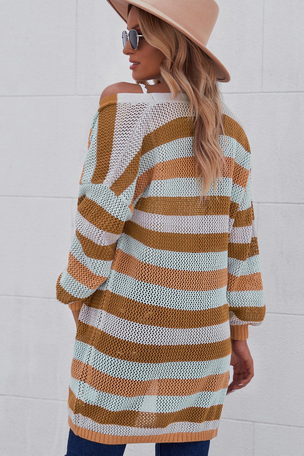 Full Size Striped Long Sleeve Openwork Cardigan 