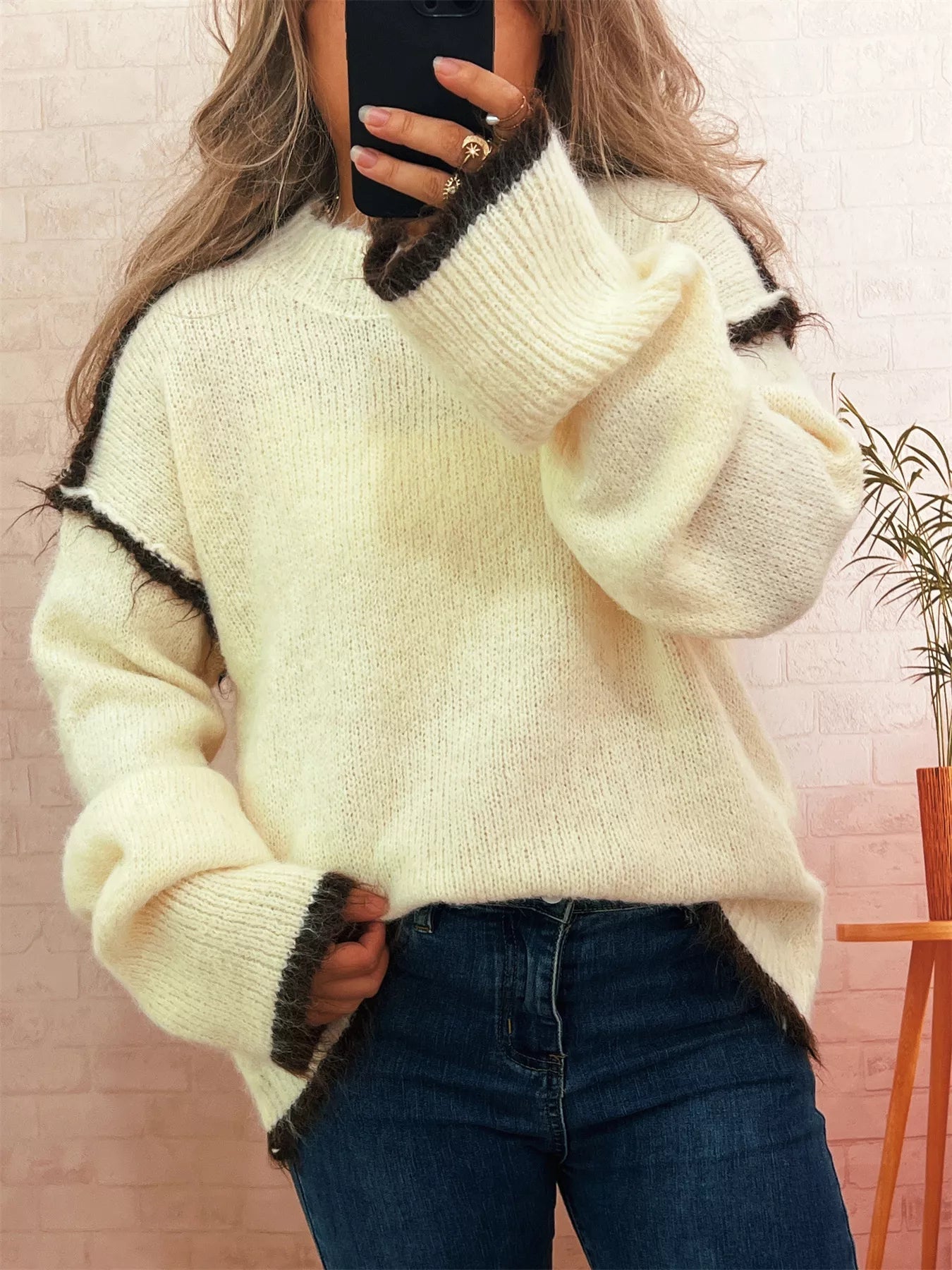 Contrast Trim Dropped Shoulder Sweater 