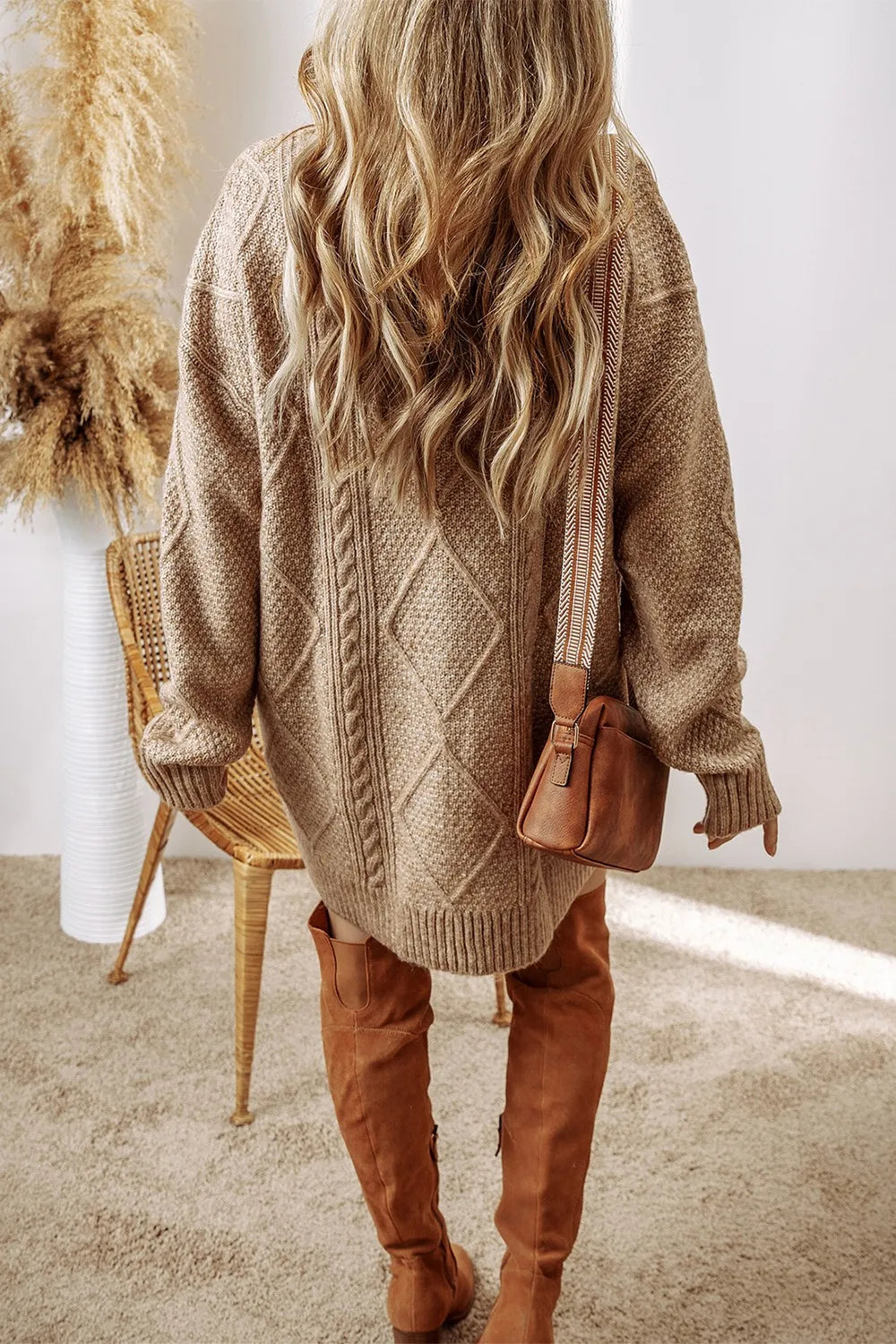 Cable-Knit Round Neck Sweater Dress 