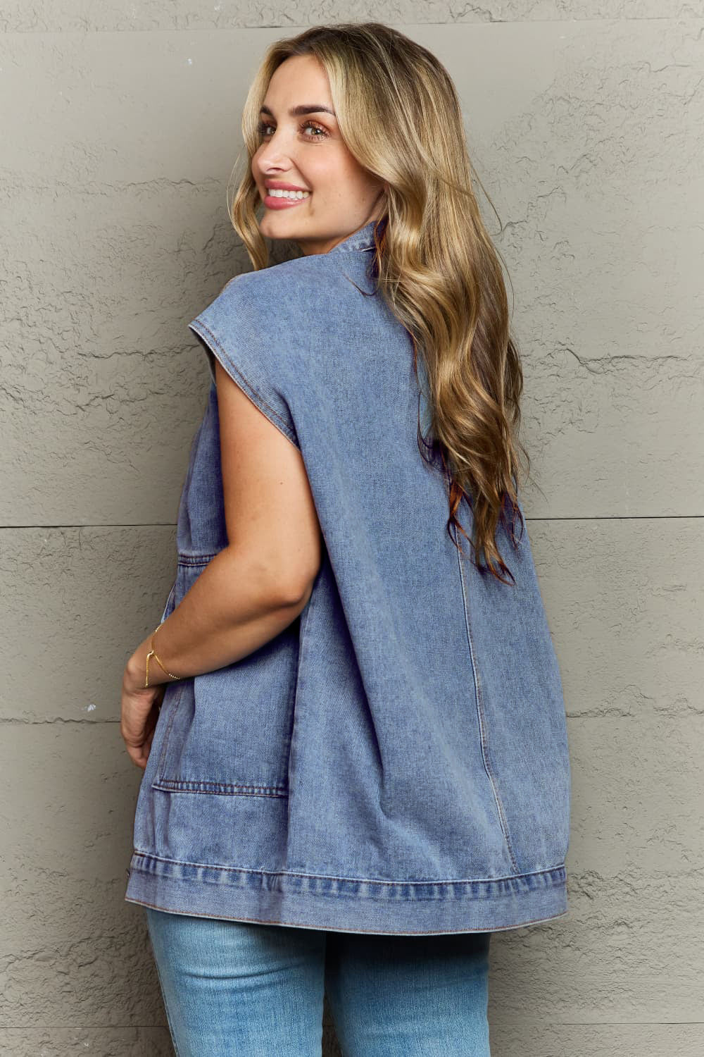 Collared Neck Sleeveless Denim Top with Pockets 