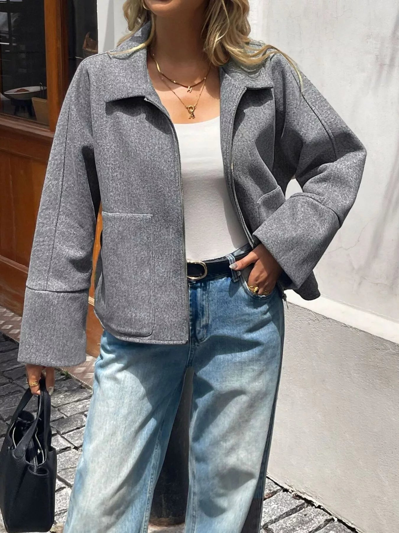 Oversized Collared Neck Zip-Up Jacket 