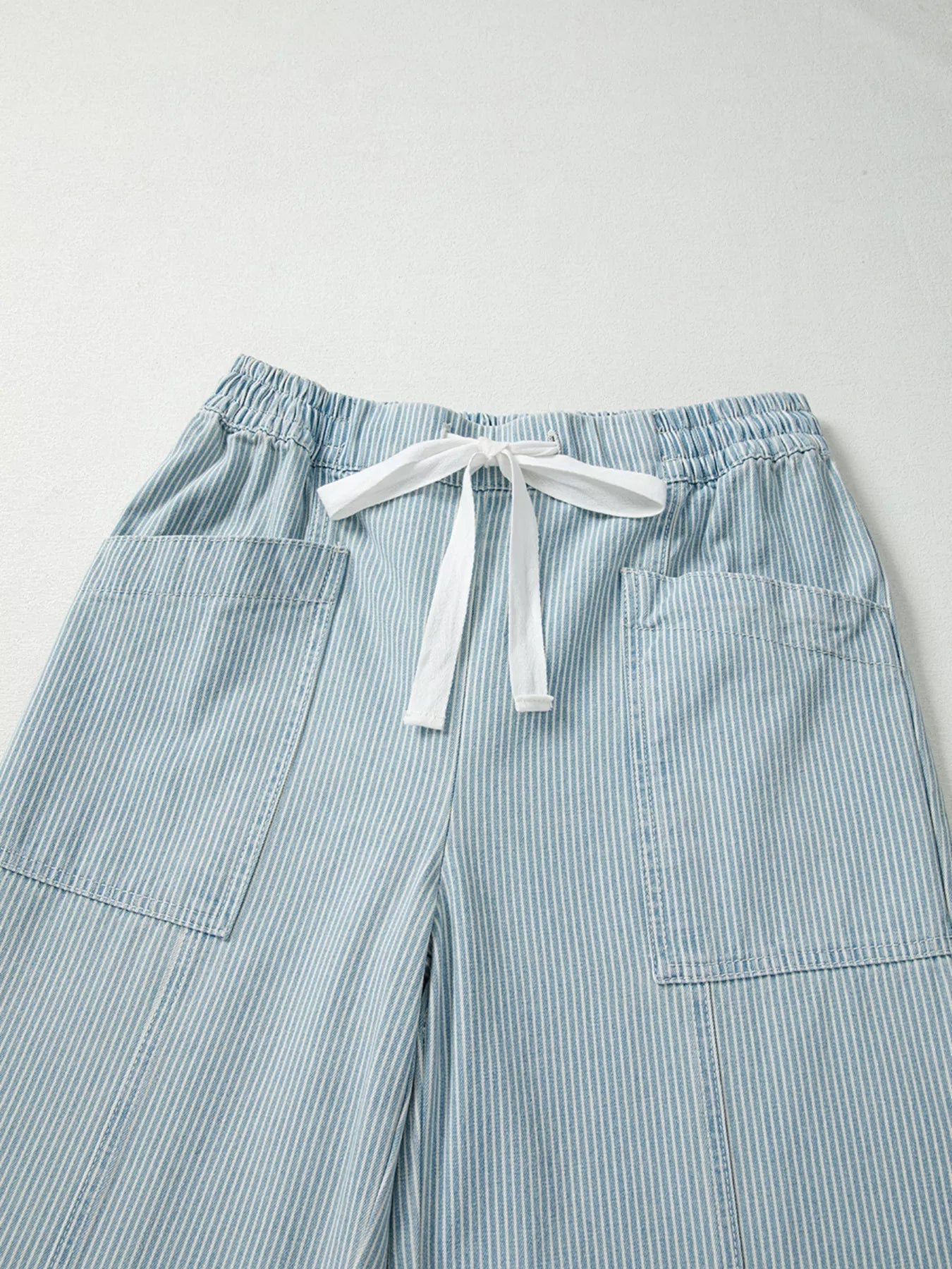 Stripe Mid Rise Drawstring Waist Jeans 