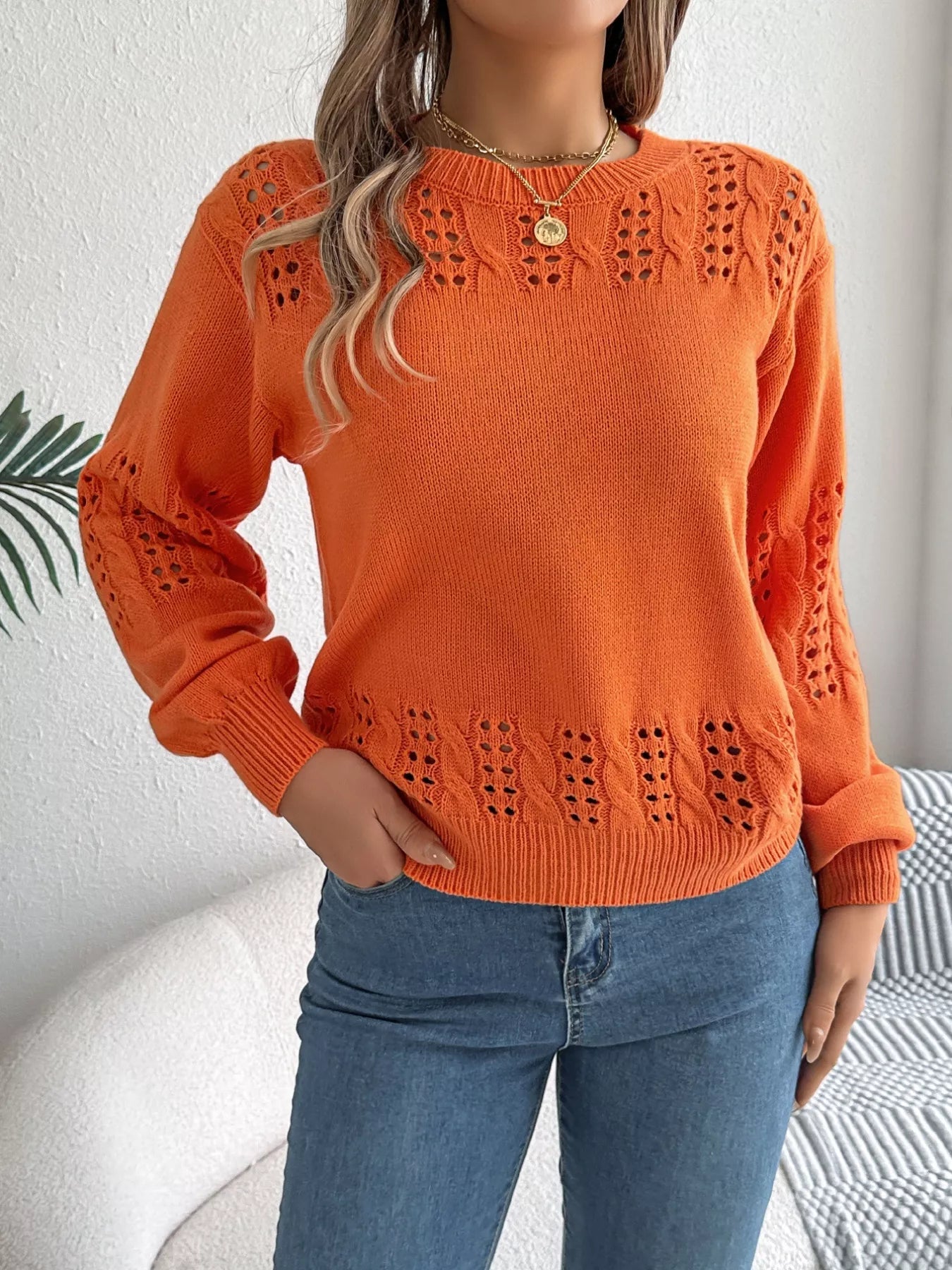 Hollow Out Eyelet Long Sleeve Sweater 