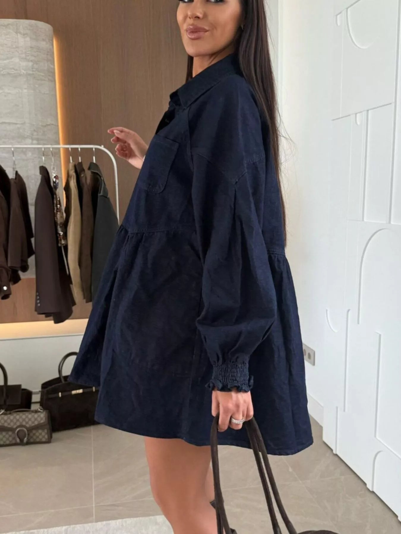 Button Down Mini Denim Dress with Front Pockets 