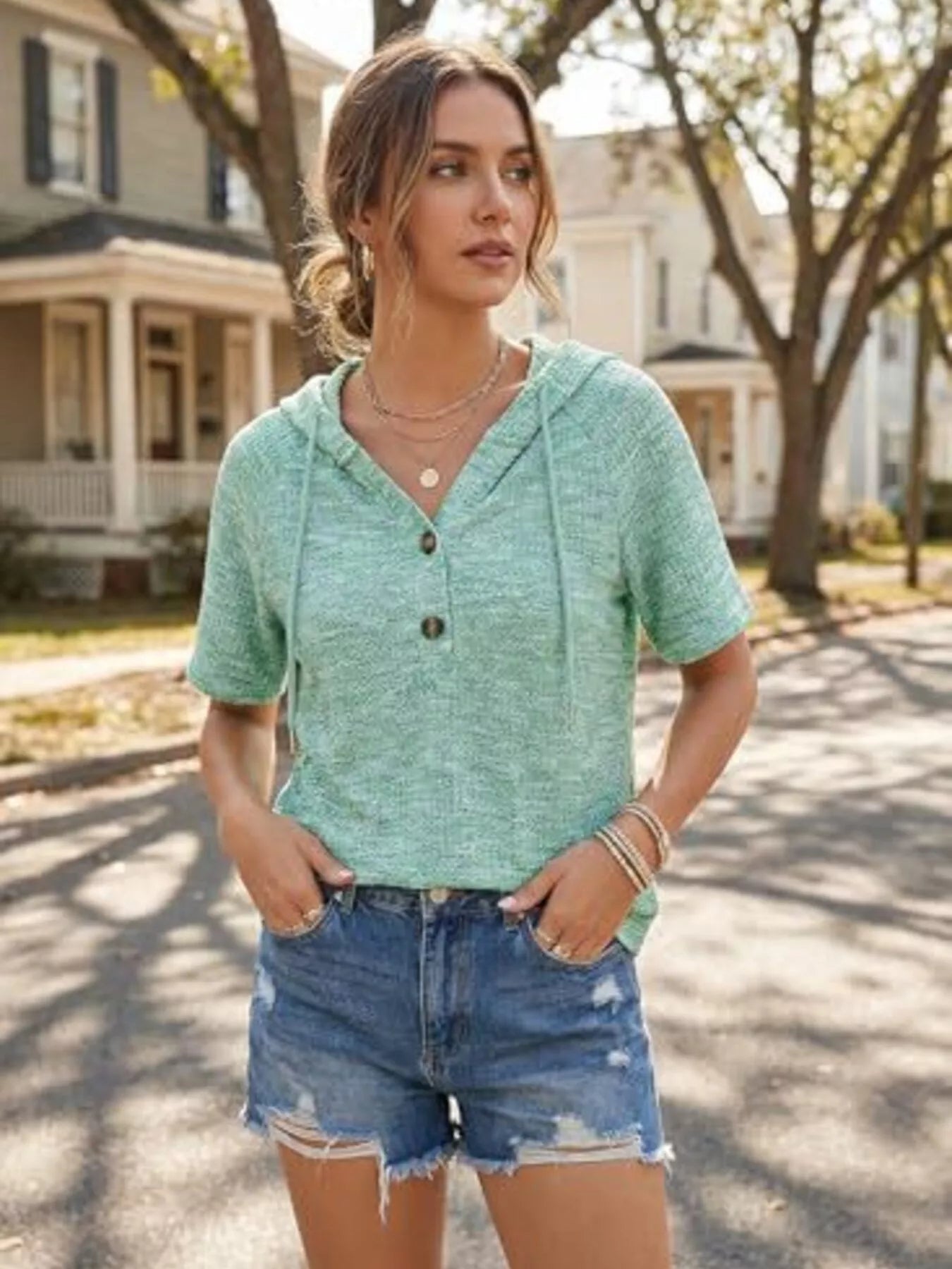 Drawstring Short Sleeve Hooded Top 