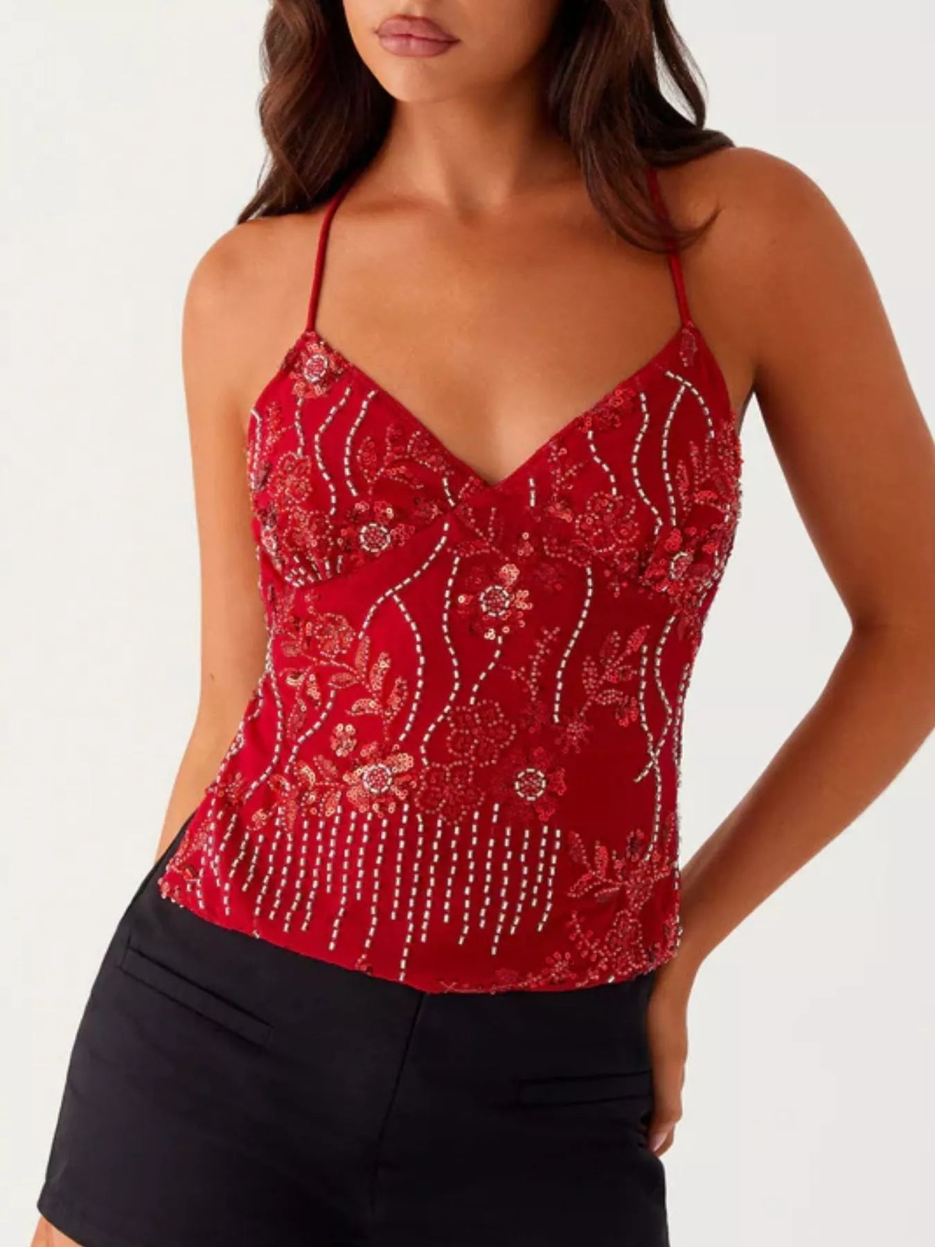 Floral Lace Up Back V-Neck Cami 
