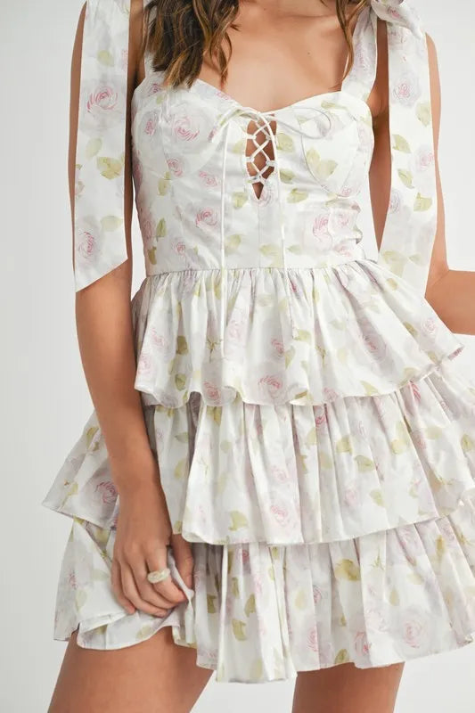 MABLE Floral Print Shoulder Tie Layered Mini Dress 