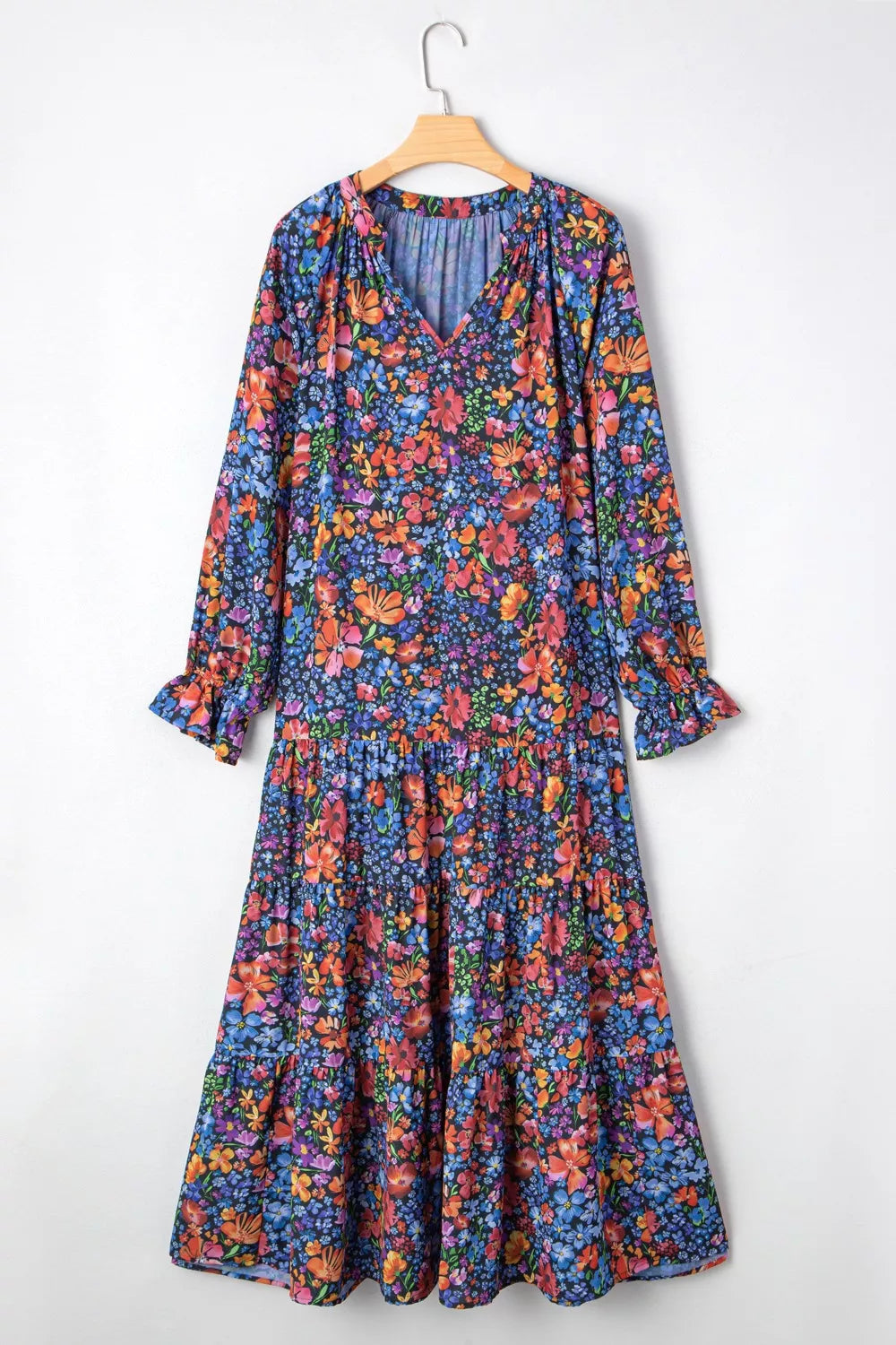 Floral Notched Flounce Sleeve Maxi Dress 