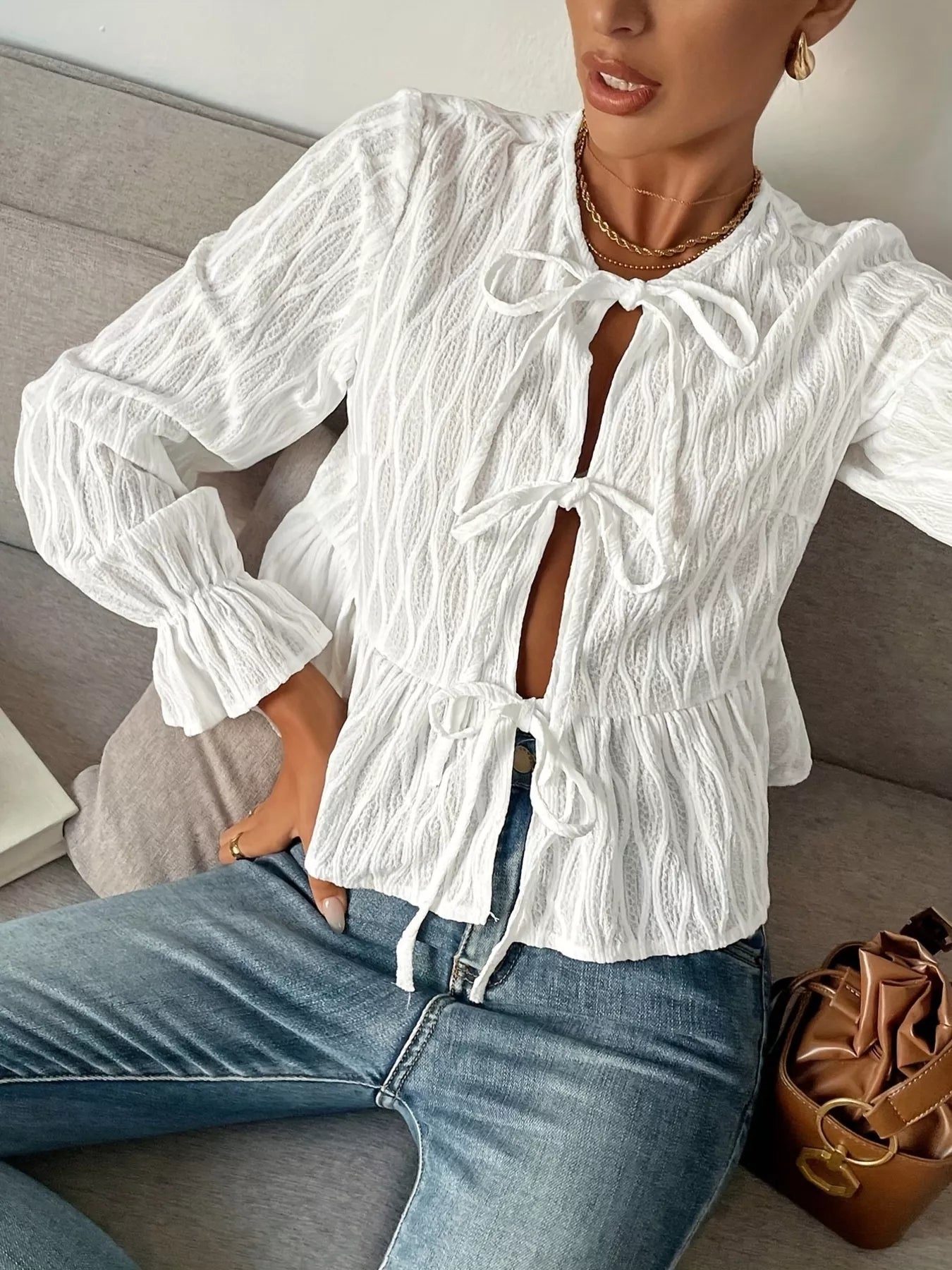 Tie Front Flounce Sleeve Blouse 