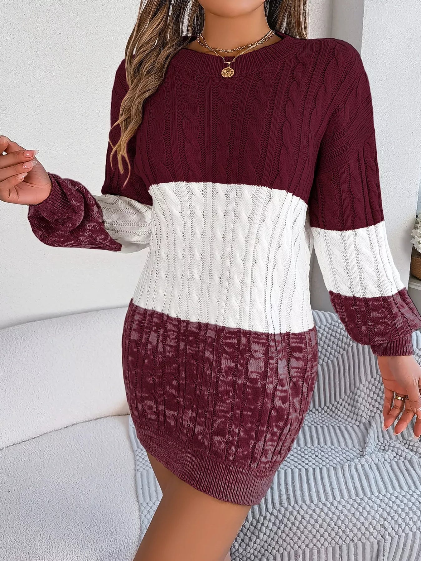 Color Block Cable Knit Sweater Dress with Textured Pattern 