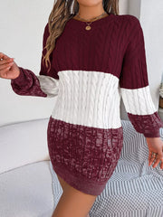 Color Block Cable Knit Sweater Dress with Textured Pattern 