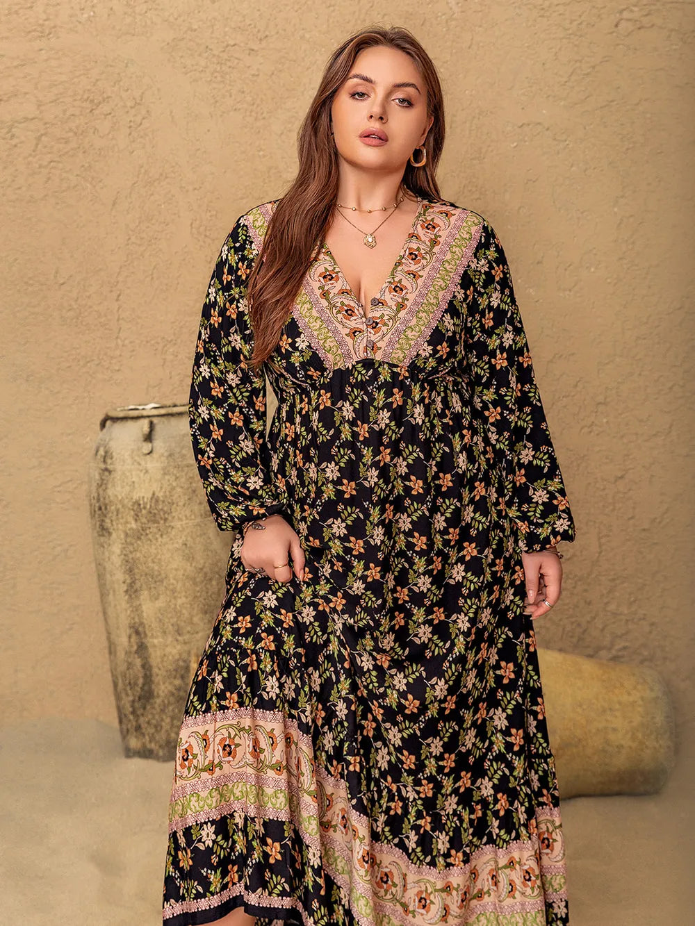 Plus Size Floral V-Neck Balloon Sleeve Dress 