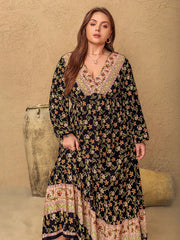 Plus Size Floral V-Neck Balloon Sleeve Dress 