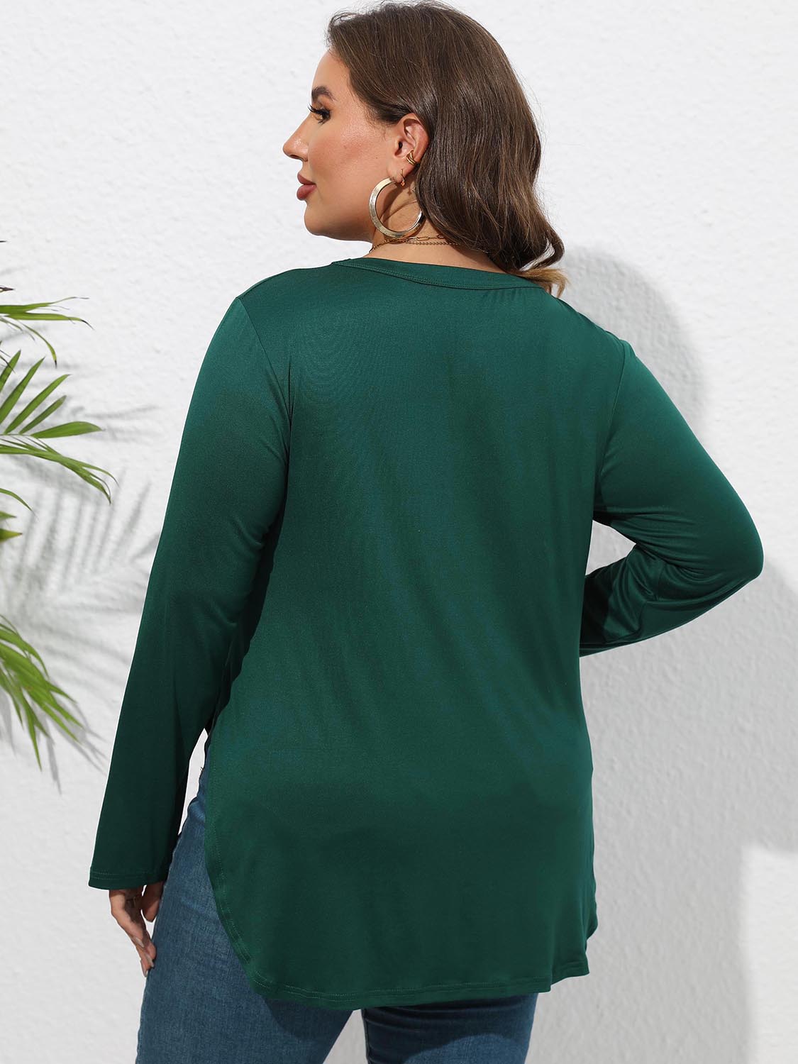 Plus Size Round Neck Long Sleeve Slit T-Shirt 
