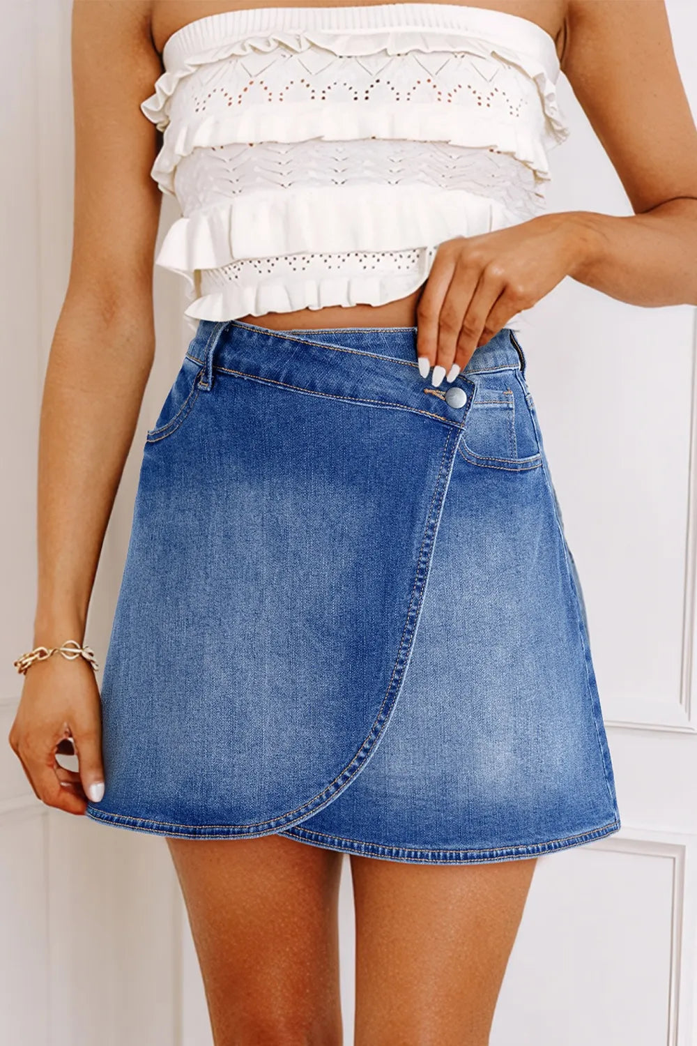 Wrapped Crossed Waist Denim Mini Skirt 