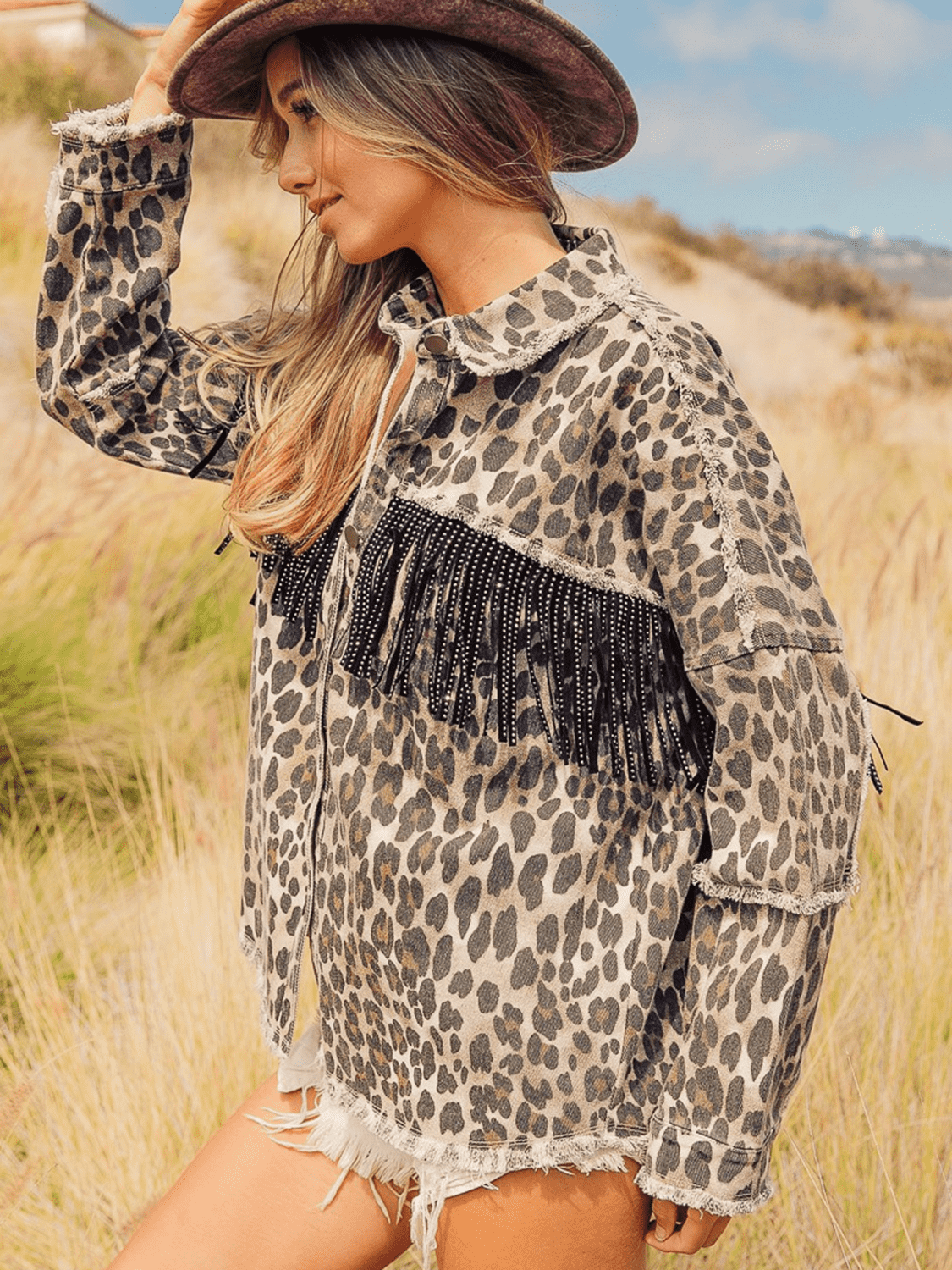 Leopard Fringe Detail Collared Neck Denim Jacket 